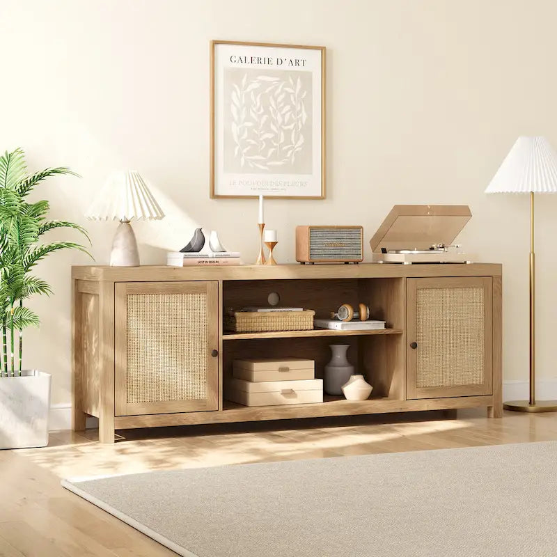 Rattan TV Stand for 75 Inch, Boho Entertainment Center with Storage and Doors