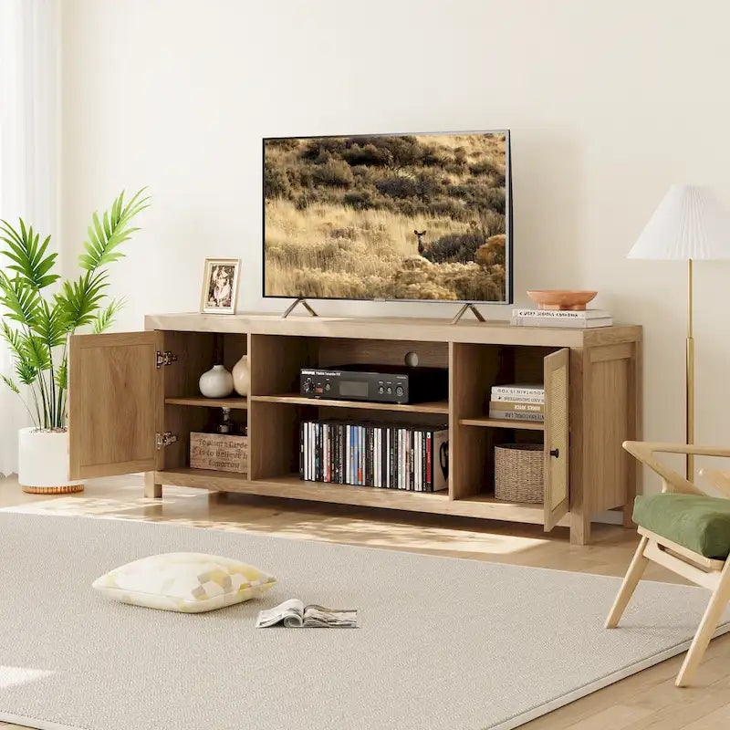 Ratanový TV stolek pro 75palcové televizory, boho centrum domácí zábavy s úložným prostorem a dvířky