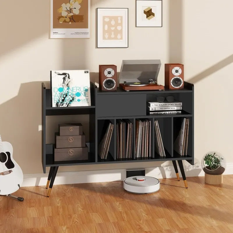 Stojan na gramofon s úložným prostorem na vinylové desky, černý a zlatý