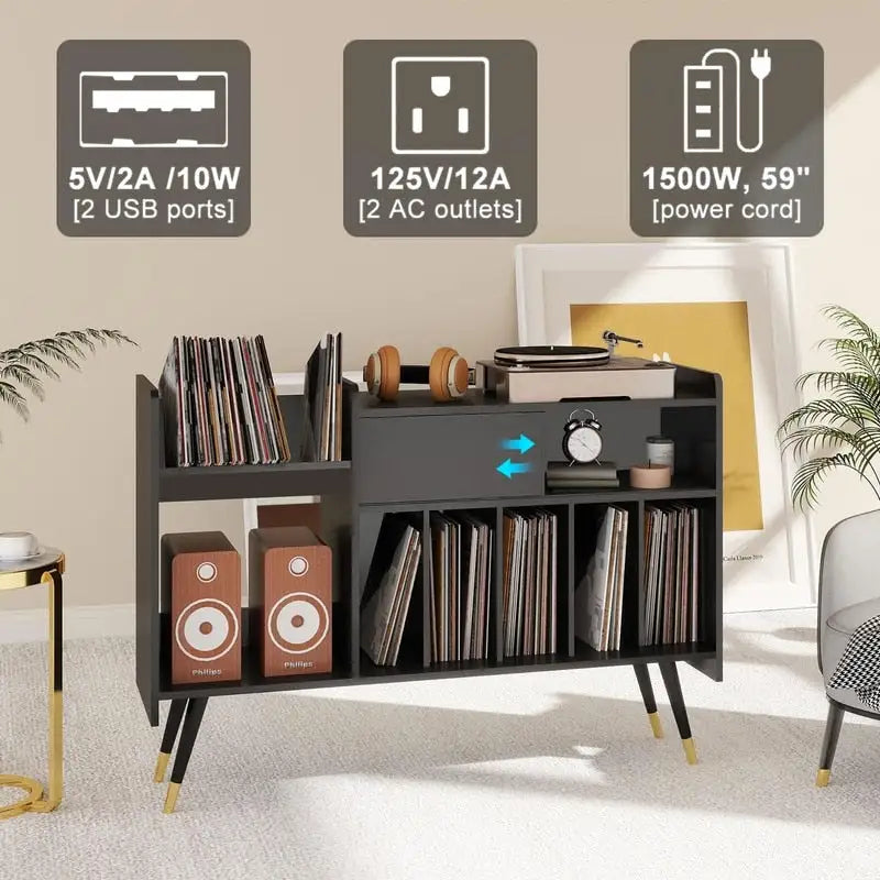 Stojan na gramofon s úložným prostorem na vinylové desky, černý a zlatý