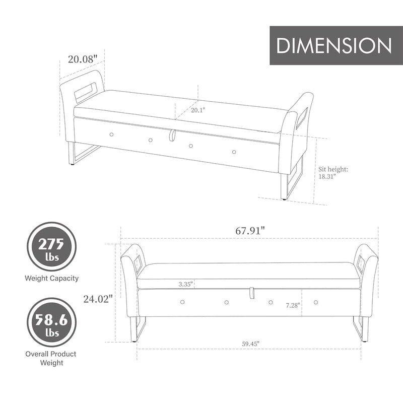 Corduroy Storage Bench with Armrests for Living Room, Entryway and Bedroom