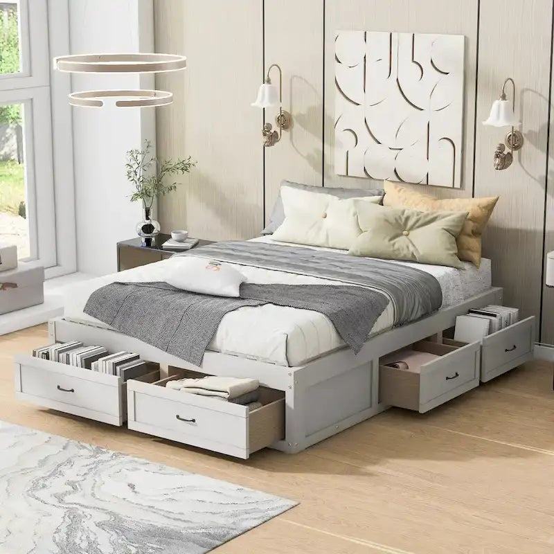 Cama de plataforma Queen com 6 gavetas de arrumação, branco antigo