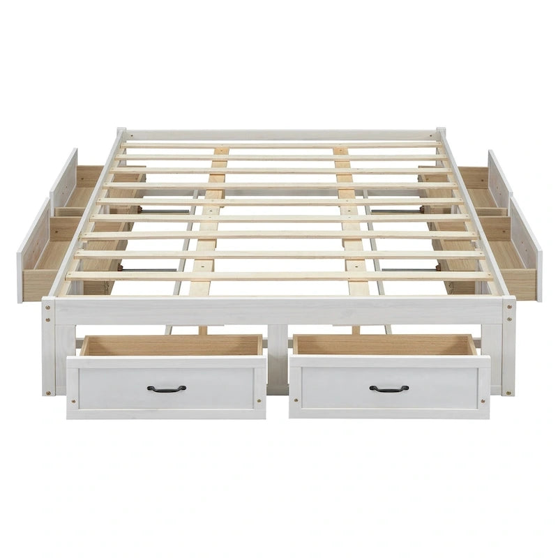 Queen Platform Bed with 6 Storage Drawers, Antique White