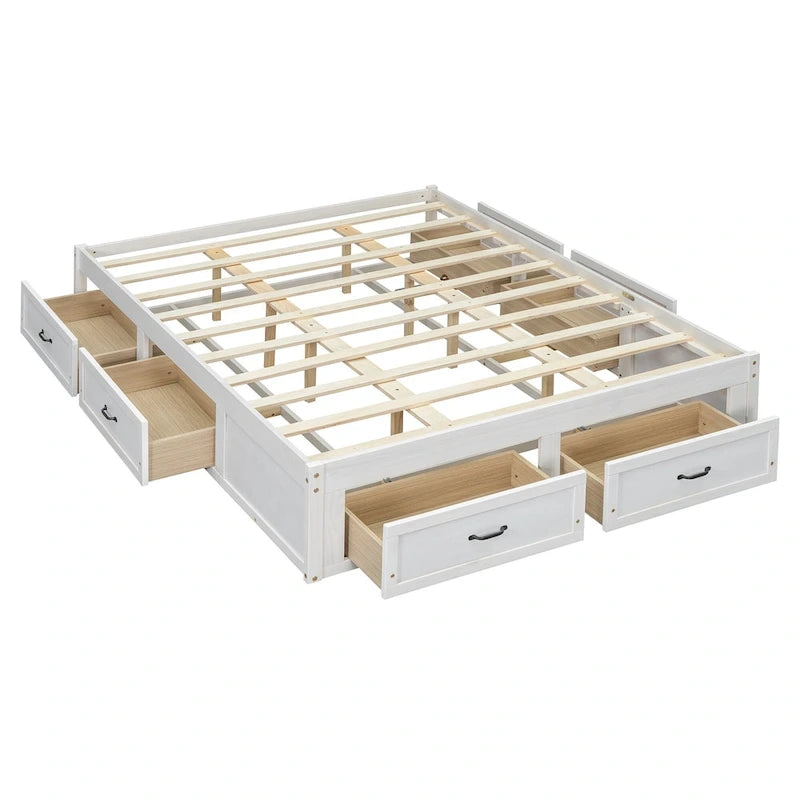 Queen Platform Bed with 6 Storage Drawers, Antique White