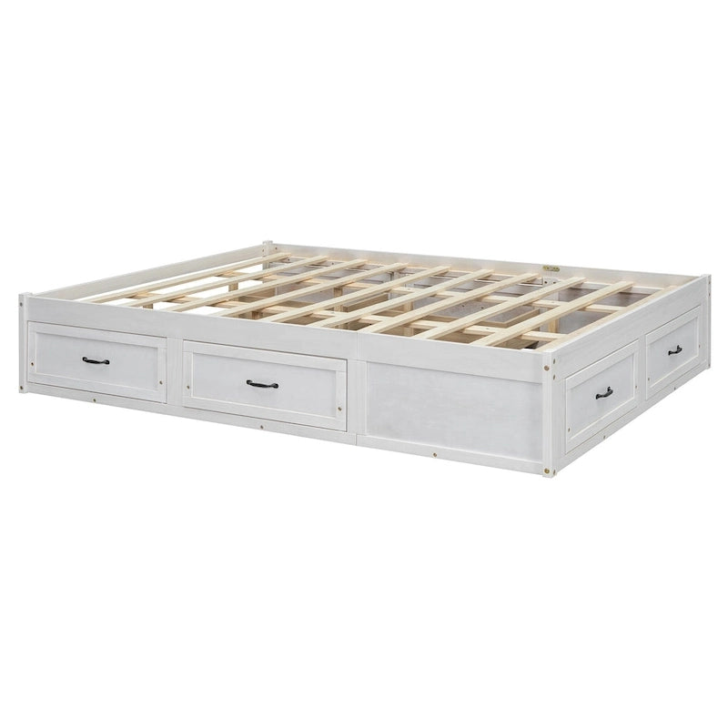 Cama de plataforma Queen com 6 gavetas de arrumação, branco antigo