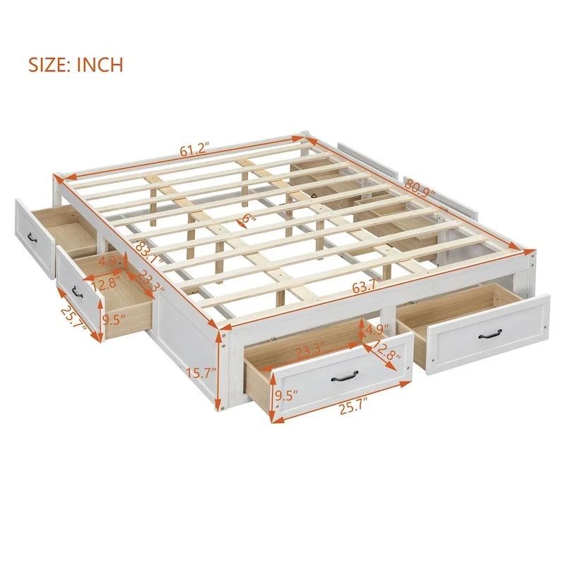 Cama de plataforma Queen com 6 gavetas de arrumação, branco antigo
