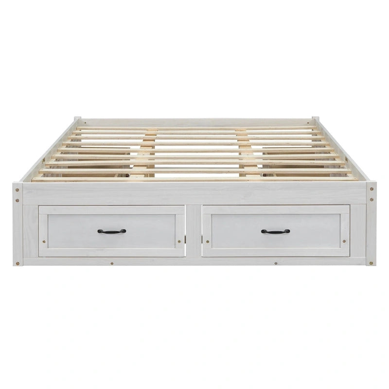 Cama de plataforma Queen com 6 gavetas de arrumação, branco antigo