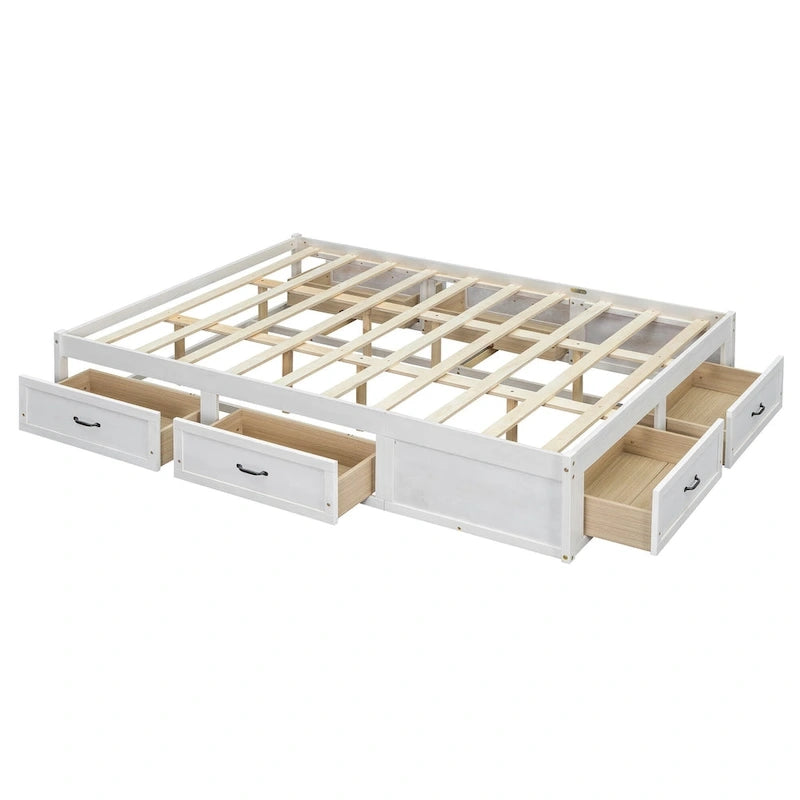 Cama de plataforma Queen com 6 gavetas de arrumação, branco antigo