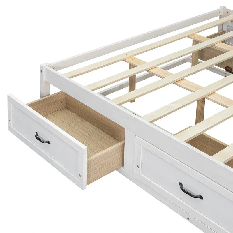 Cama de plataforma Queen com 6 gavetas de arrumação, branco antigo