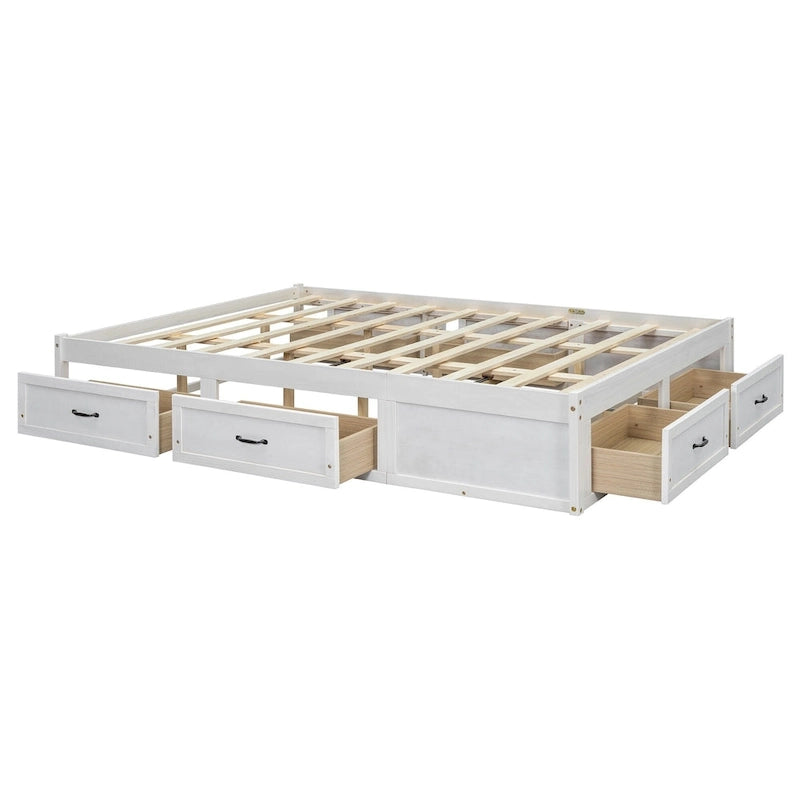 Cama de plataforma Queen com 6 gavetas de arrumação, branco antigo