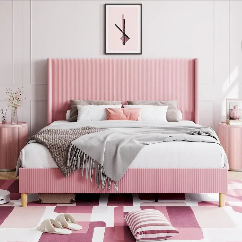 Upholstered Corduroy Bed Frame with Tall Wingback Headboard