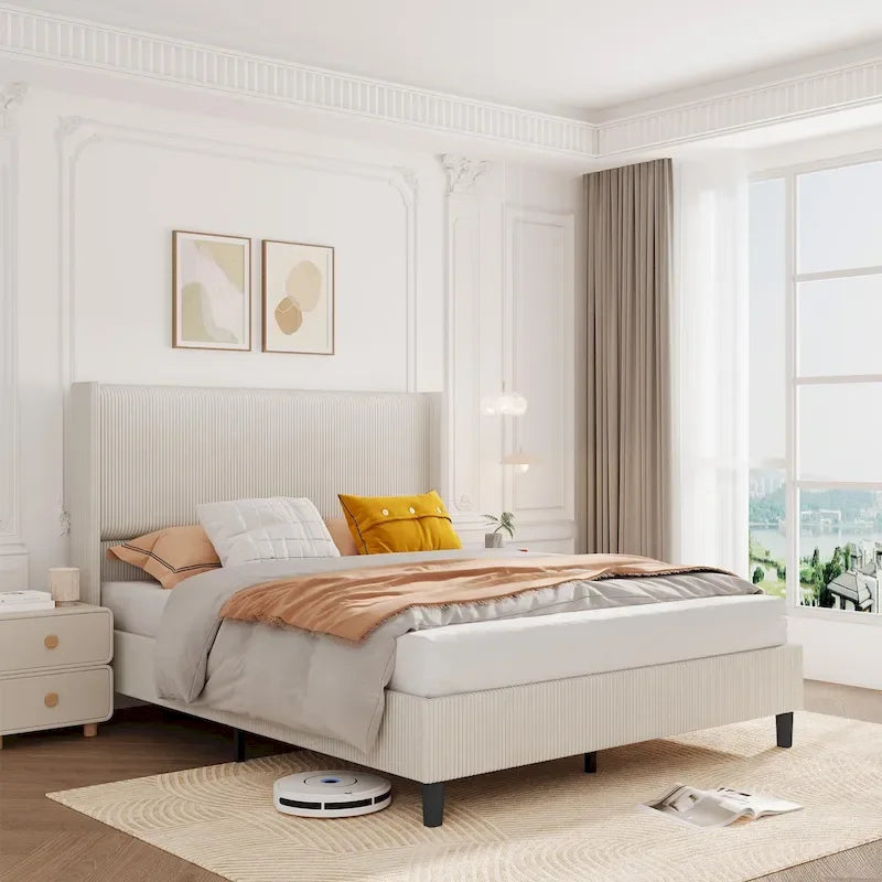 Upholstered Corduroy Bed Frame with Tall Wingback Headboard