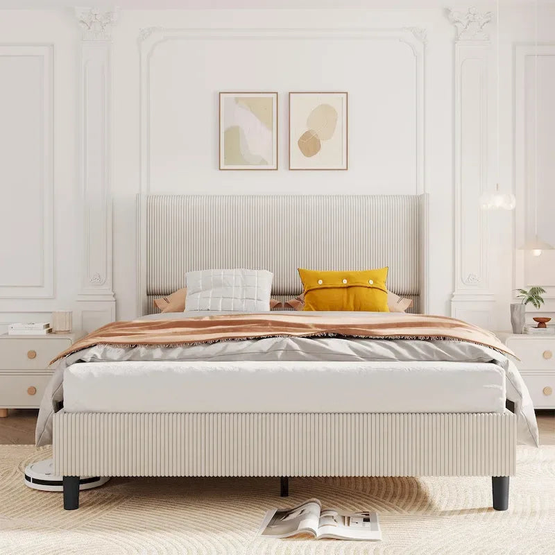 Upholstered Corduroy Bed Frame with Tall Wingback Headboard