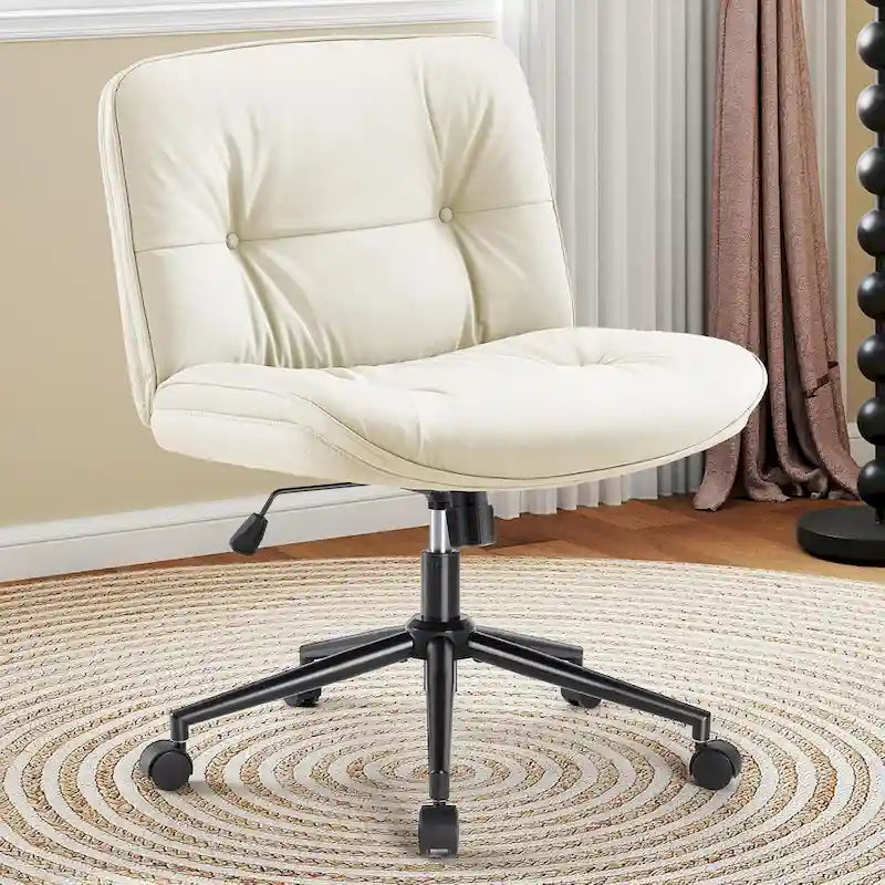 Bürostuhl mit Rädern, breiter drehbarer Schreibtischstuhl ohne Armlehnen aus PU-Leder, ergonomischer rollbarer Schminksitz