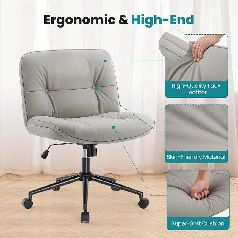 Bürostuhl mit Rädern, breiter drehbarer Schreibtischstuhl ohne Armlehnen aus PU-Leder, ergonomischer rollbarer Schminksitz