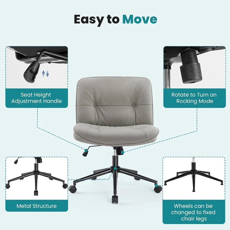 Kancelářská židle na kolečkách Criss Cross, široká otočná židle bez područek z PU kůže, ergonomické pojízdné toaletní křeslo