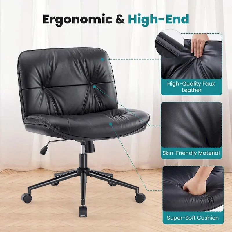 Kancelářská židle na kolečkách Criss Cross, široká otočná židle bez područek z PU kůže, ergonomické pojízdné toaletní křeslo