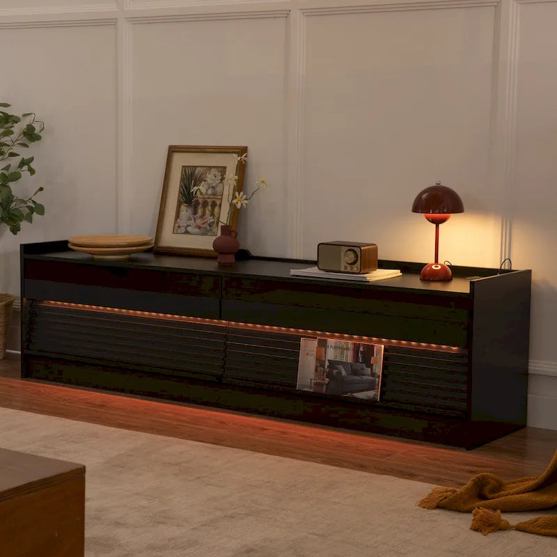 Modern TV Stand with 4 Drawers and Built-In Charging Ports