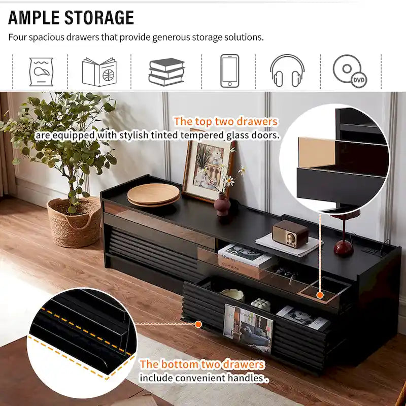 Modern TV Stand with 4 Drawers and Built-In Charging Ports