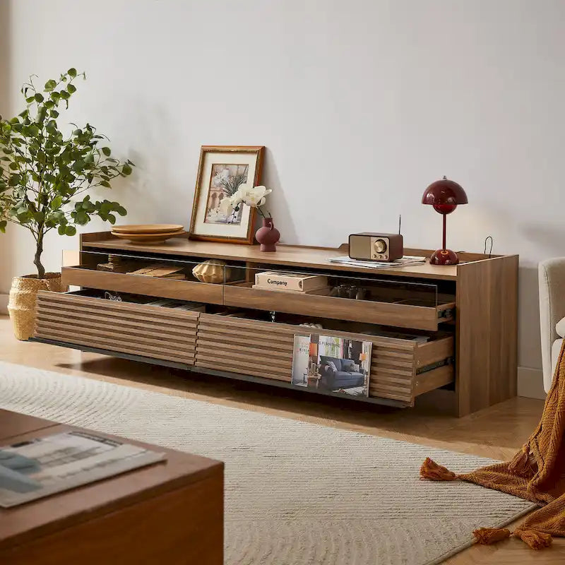 Modern TV Stand with 4 Drawers and Built-In Charging Ports
