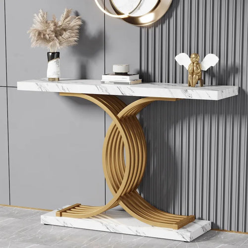 Black/ Gold Modern Sofa Table with Faux Marble Tabletop, 39 Inches Wood Foyer Table with Geometric Metal Legs for Entryway