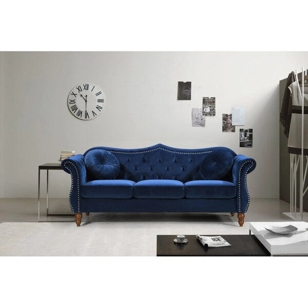 Crushed Velvet Chesterfield-Style Nailhead Sofa with Pillows