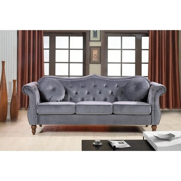 Crushed Velvet Chesterfield-Style Nailhead Sofa with Pillows