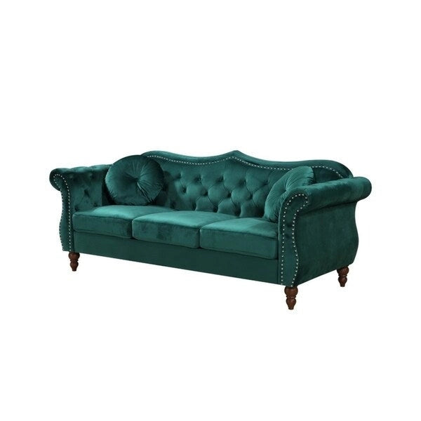 Crushed Velvet Chesterfield-Style Nailhead Sofa with Pillows