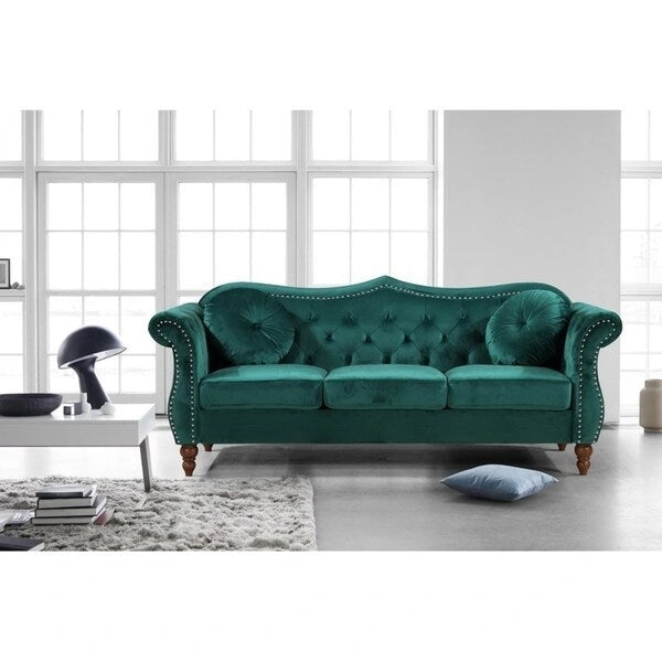 Crushed Velvet Chesterfield-Style Nailhead Sofa with Pillows