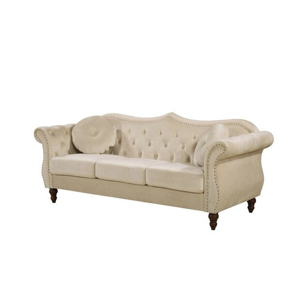 Crushed Velvet Chesterfield-Style Nailhead Sofa with Pillows