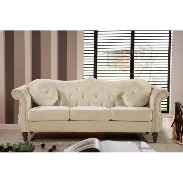 Crushed Velvet Chesterfield-Style Nailhead Sofa with Pillows