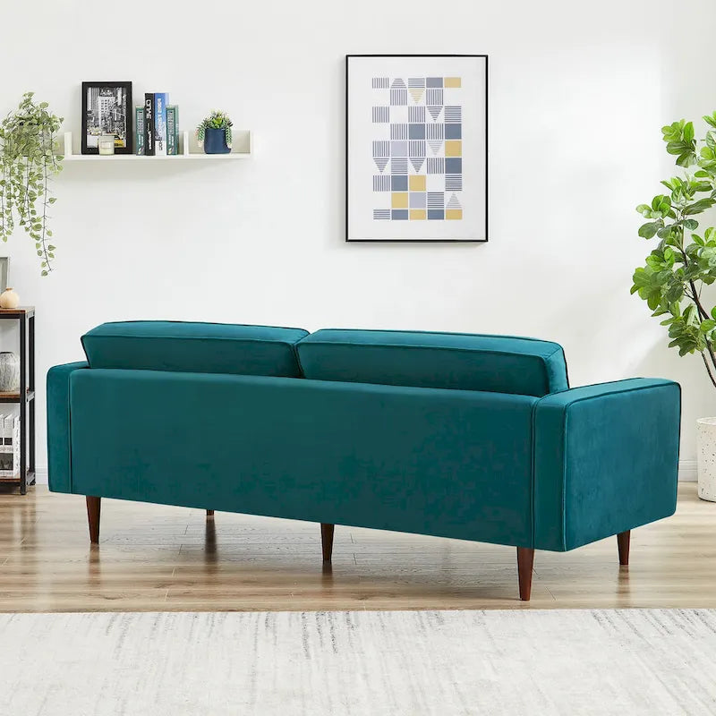 Pohodlná sametová pohovka s knoflíkovým prošíváním v moderním stylu poloviny století