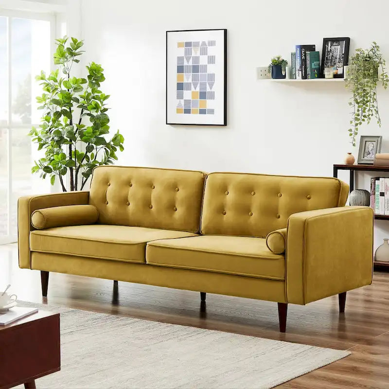 Pohodlná sametová pohovka s knoflíkovým prošíváním v moderním stylu poloviny století