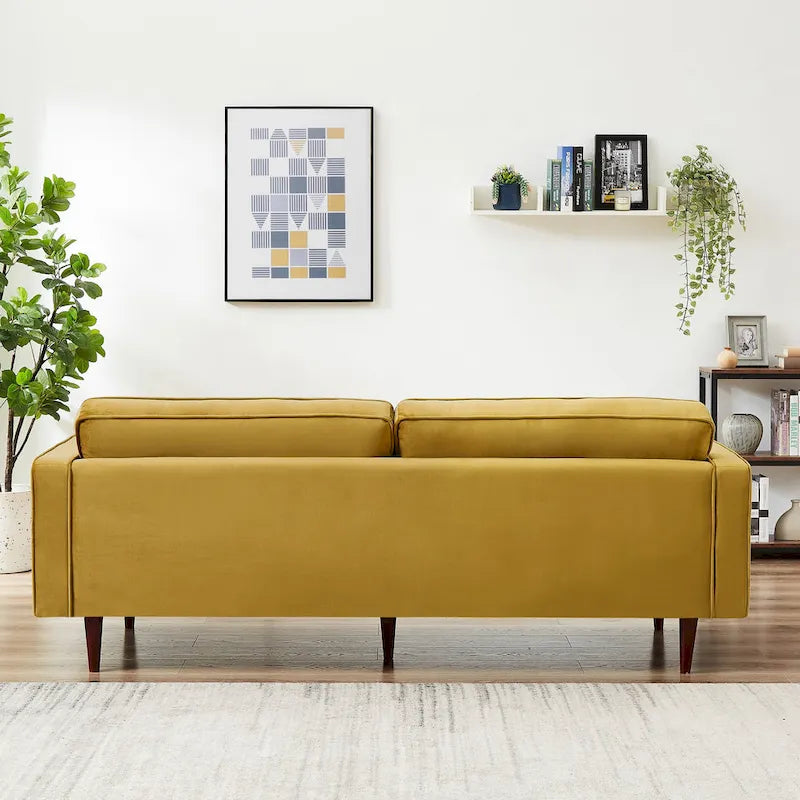 Pohodlná sametová pohovka s knoflíkovým prošíváním v moderním stylu poloviny století