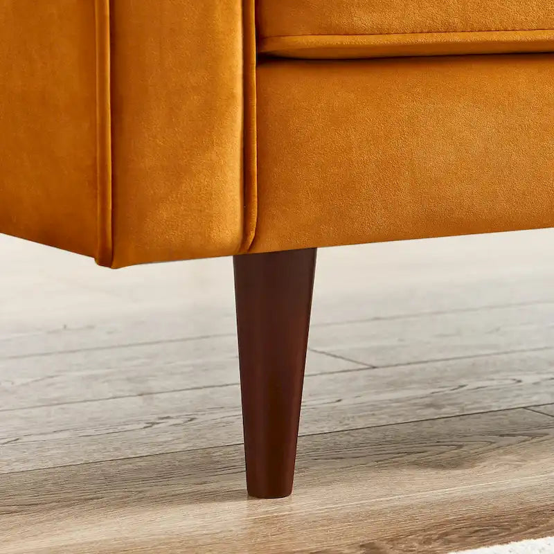 Pohodlná sametová pohovka s knoflíkovým prošíváním v moderním stylu poloviny století