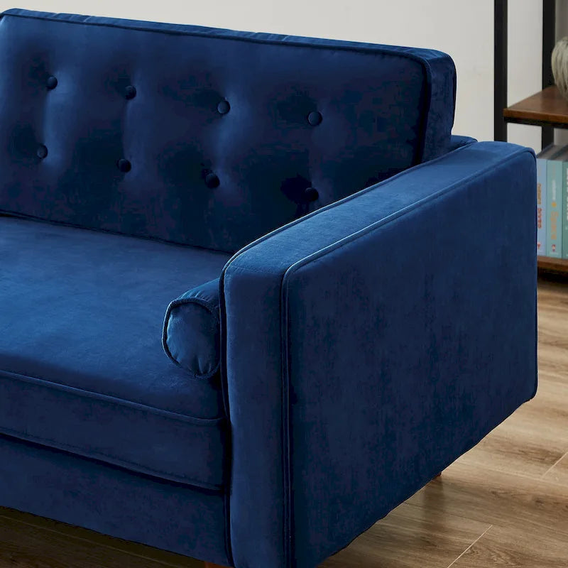 Pohodlná sametová pohovka s knoflíkovým prošíváním v moderním stylu poloviny století