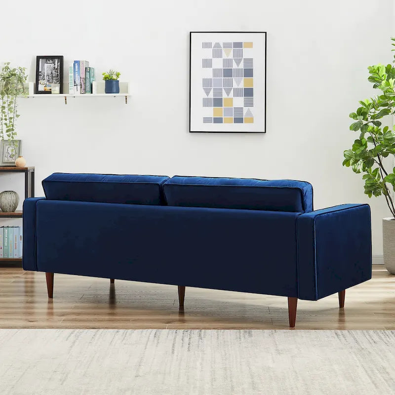 Pohodlná sametová pohovka s knoflíkovým prošíváním v moderním stylu poloviny století