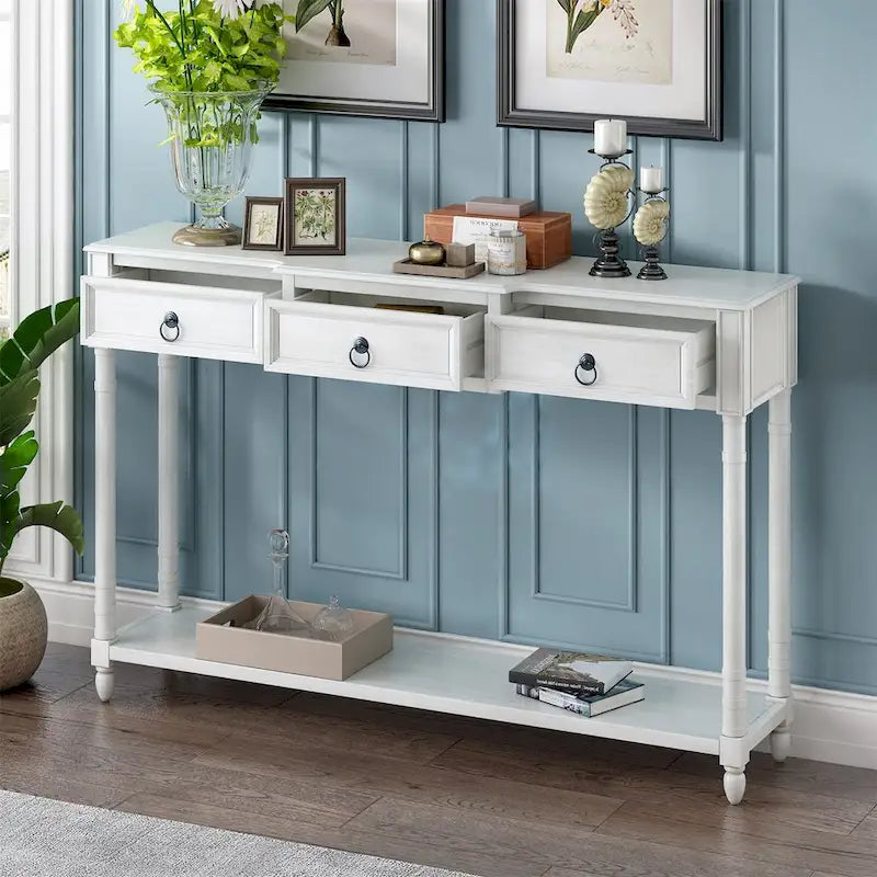 Rustic Solid Wood Console Table with 3 Drawers and Lower Shelf