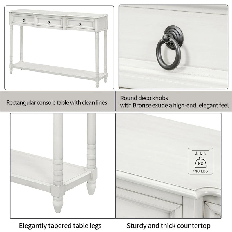 Rustic Solid Wood Console Table with 3 Drawers and Lower Shelf