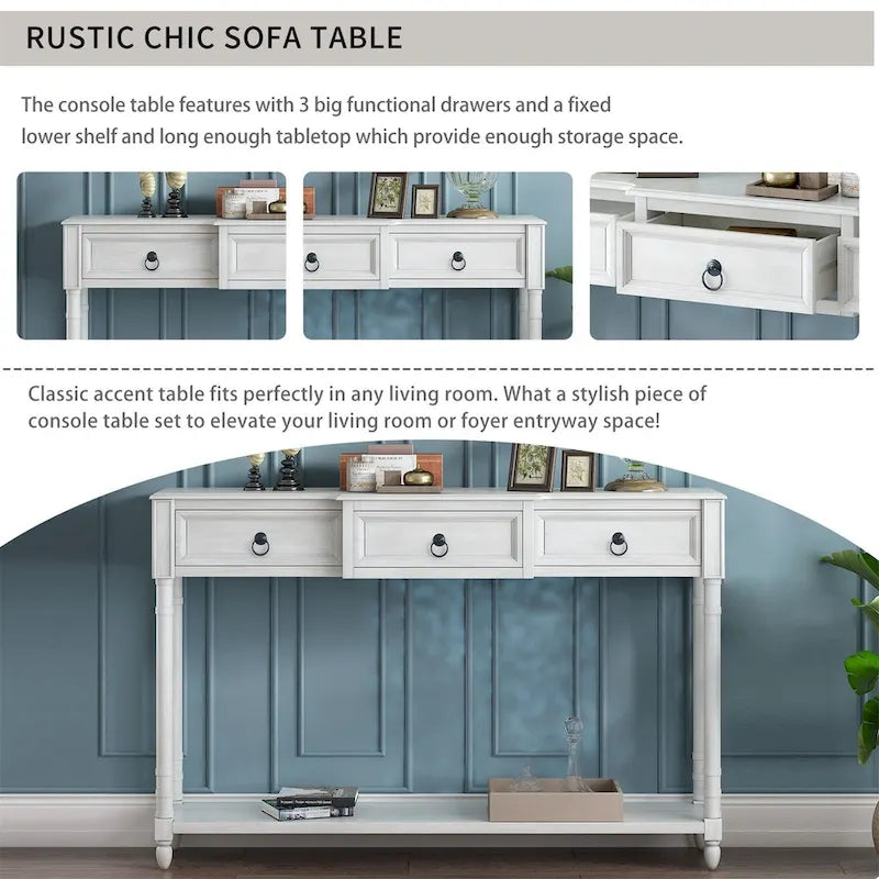 Rustic Solid Wood Console Table with 3 Drawers and Lower Shelf