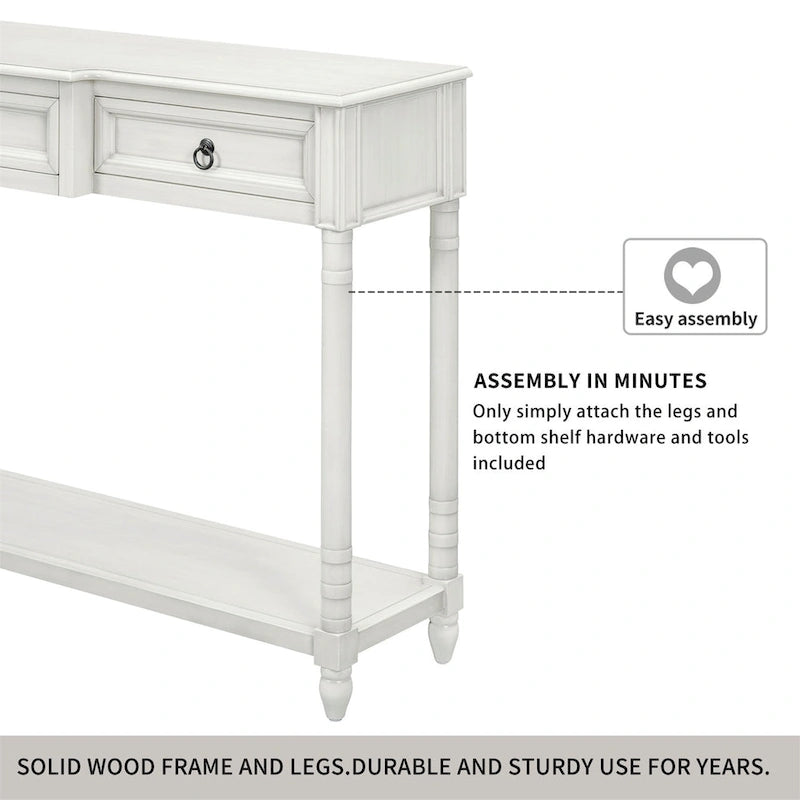 Rustic Solid Wood Console Table with 3 Drawers and Lower Shelf