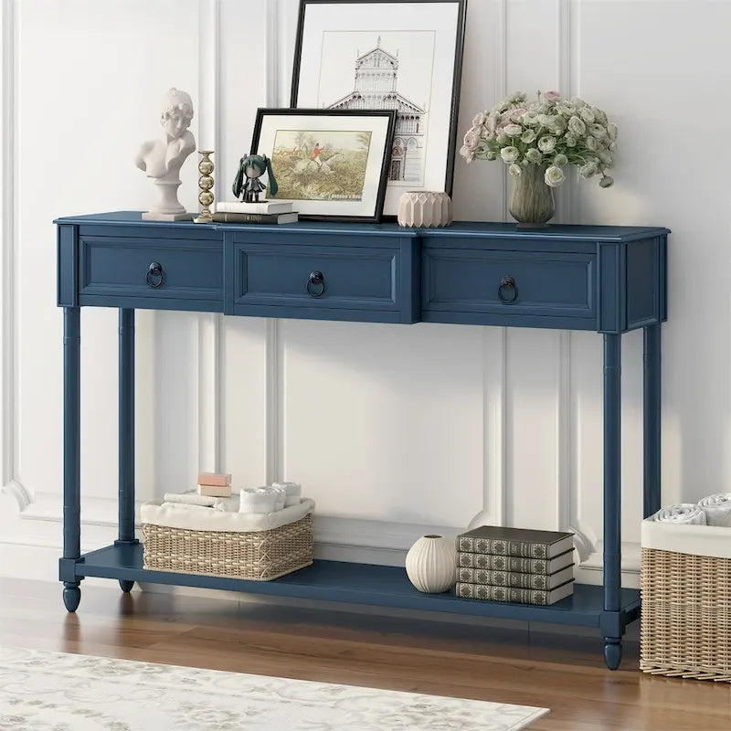 Rustic Solid Wood Console Table with 3 Drawers and Lower Shelf