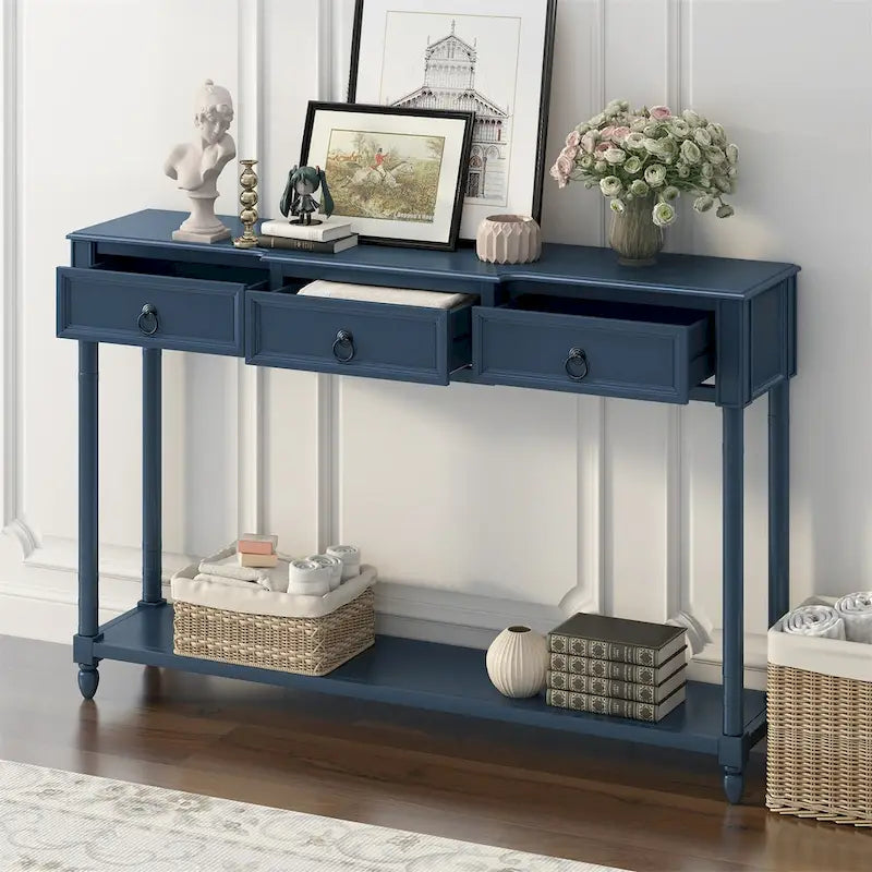 Rustic Solid Wood Console Table with 3 Drawers and Lower Shelf