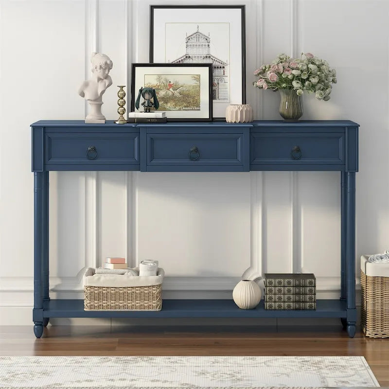 Rustic Solid Wood Console Table with 3 Drawers and Lower Shelf