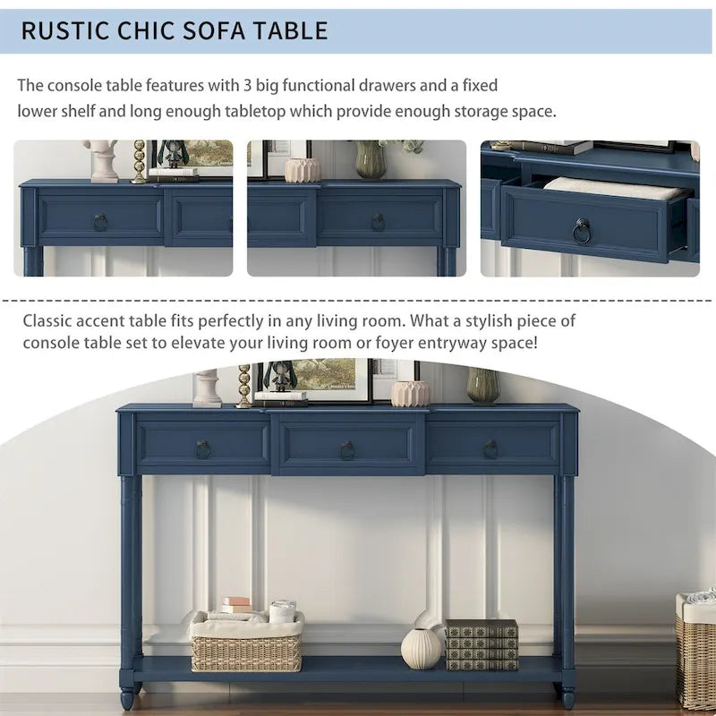 Rustic Solid Wood Console Table with 3 Drawers and Lower Shelf