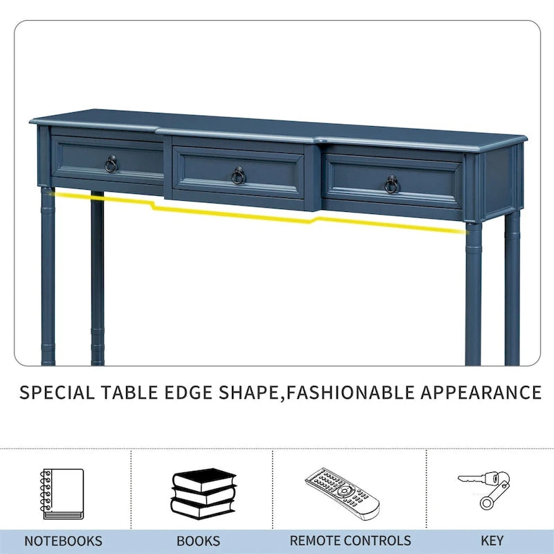 Rustic Solid Wood Console Table with 3 Drawers and Lower Shelf