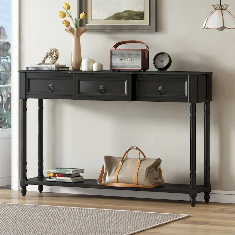 Rustic Solid Wood Console Table with 3 Drawers and Lower Shelf
