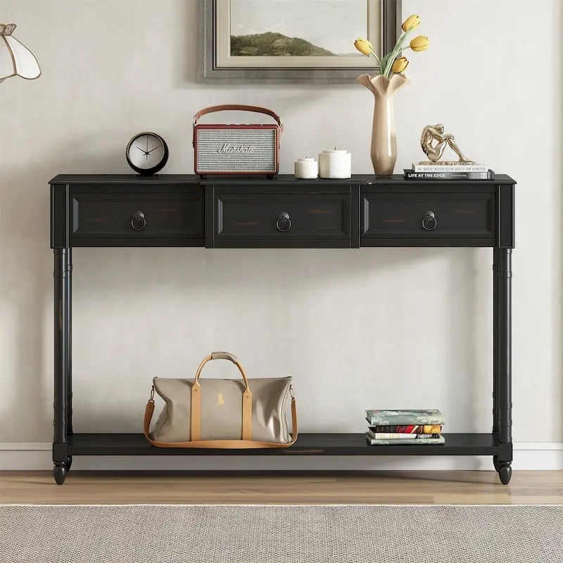Rustic Solid Wood Console Table with 3 Drawers and Lower Shelf