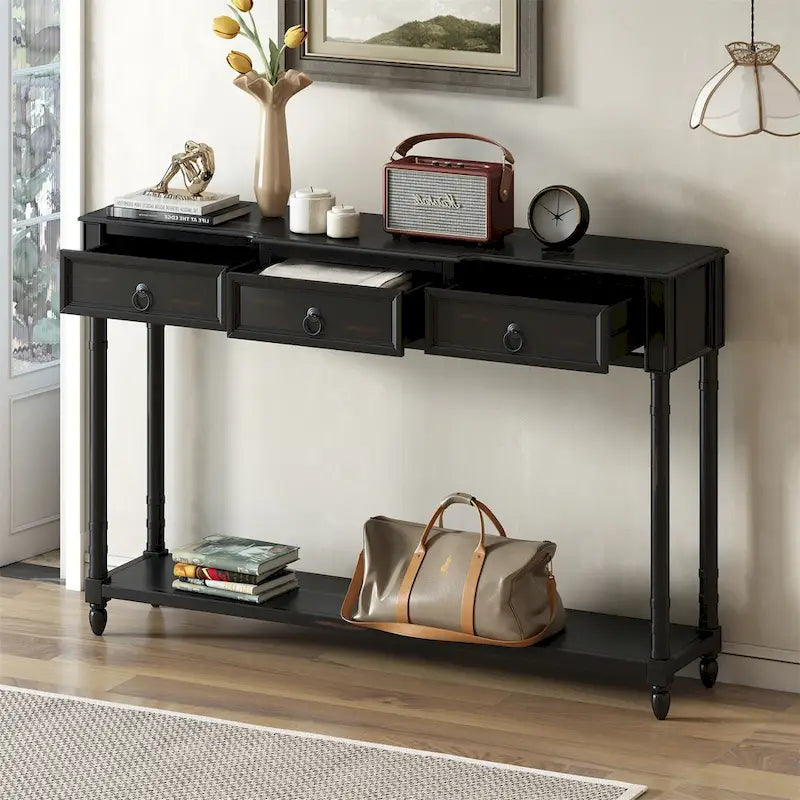 Rustic Solid Wood Console Table with 3 Drawers and Lower Shelf