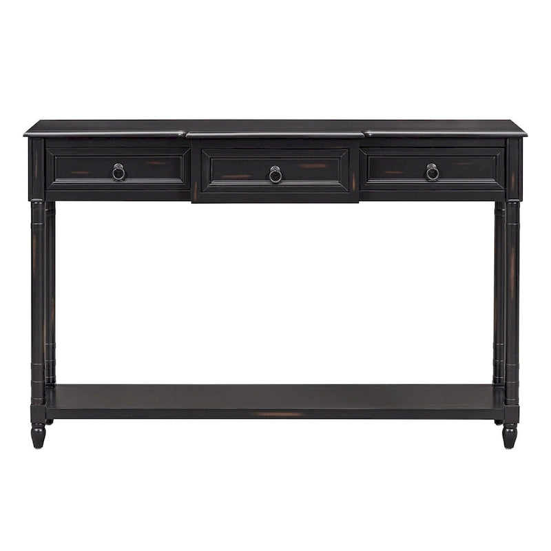 Rustic Solid Wood Console Table with 3 Drawers and Lower Shelf